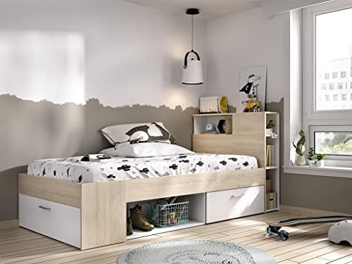 DEKIT GRUPO RIMOBEL Lanka, Cama Compacta de 90 x 190 con Cajones, Natural / Blanco, 96 x 99 x 218 cm
