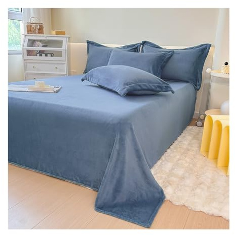 Sábana Plana de Franela Ropa de Cama de Felpa Suave de Invierno Sábana Encimera Individual Matrimonio King Super King para Cama 90/120/150/180/200cm (Color : Blue B, Size : 250x230cm+48x74cm x2)