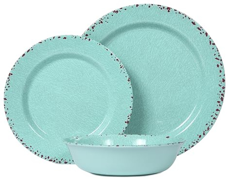 DoDoware 12 Pcs Melamine Dinnerware Sets, Kitchen Plates and Bowls Set, Camping Picninc Serving Dishes for Indoor Outdoor, Dinner Plates Dishwasher Safe, BPA Free, Unbreakable Round Plates, Turquoise