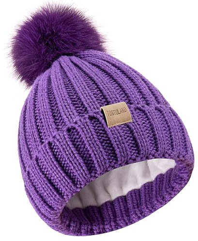 Children's Winter Warm Pompom Hat Fleece Lined Knit Beanie for Kids Aged 3-9, Perfect for Boys and Girls Purple
