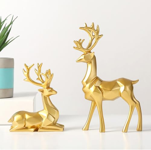 LUFEIS Christmas Reindeer Figurines, 2 Pcs Resin Reindeer Sculpture, Nordic European Style Deer Statues for Tabletop, Mantle & Shelf, Christmas Deer Ornaments for Home, Living Room, Office (Gold)