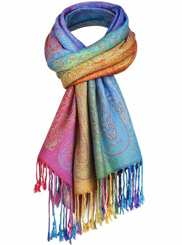 Schal Damen bunt Stola XXL Regenbogenfarben Winter – weicher warmer großer Schal mit Fransen für Herbst elegant (Regenbogen)