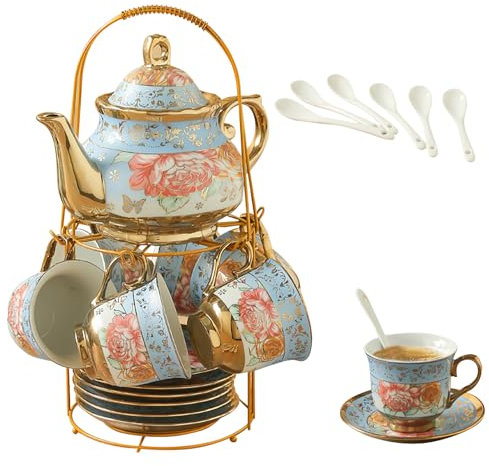 Blau Blume Porzellan Teeservice, Rose Ceramic Tea Set, Vintage Tea Set with Teapot, Metallständer, 160ml Porzellan Kaffeetasse und Teekanne 700ml, Europäisches Kaffeeservice for Erwachsene für Party