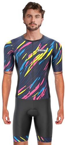 Sikma Traje de triatlón de malla transpirable para hombre, de media manga, acolchado, con reflejo de alta visibilidad, un bolsillo trasero y banda de potencia para las piernas, multicolor, L