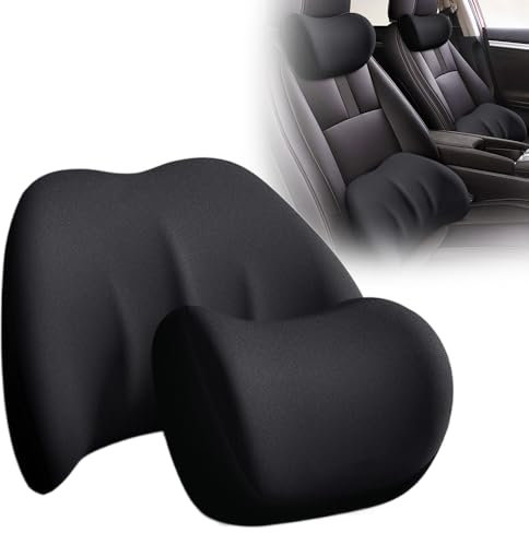 Auto Nackenkissen und Lendenkissen, Memory Foam Auto Kopfstütze, Rückenkissen mit Atmungsaktiver Abnehmbarer Abdeckung für lindert Rückenschmerzen und Lordosenstütze Bürostühle Autositze (Schwarz)