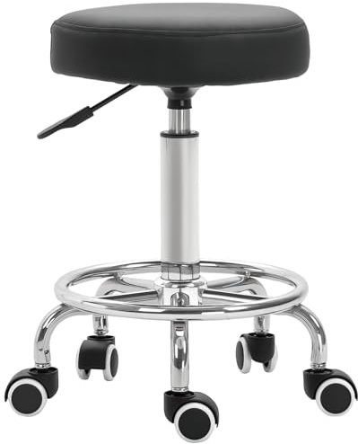 Vinsetto Tabouret à roulettes, tabouret de massage avec hauteur réglable 50-64 cm et assise rembourré, chaise de travail à roulettes pivotant 360°, pour salon de massage, tatouage, clinique, spa, noir