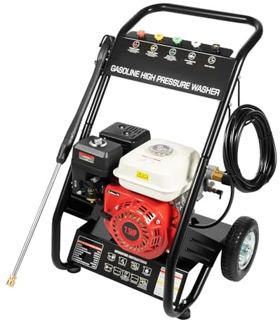 TONFEION Limpiador a presión de gasolina de 4 tiempos, vaporizador manual con 5 boquillas y manguera de 8 m, 7,5 CV para jardín, 3400 rpm, pistola de alta presión con limpiador de superficies