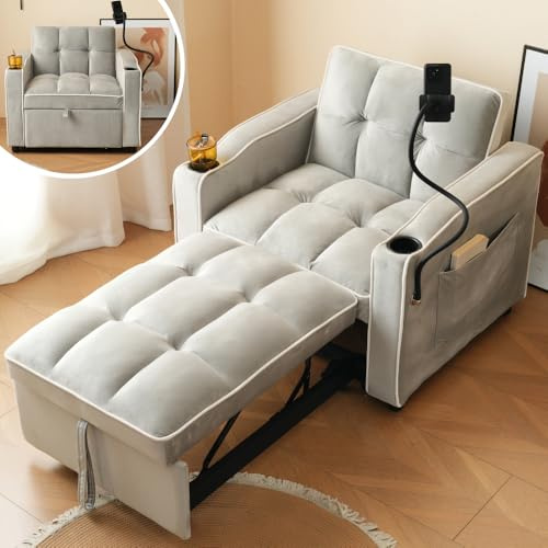 Vepssder Poltrona letto singolo 3 in 1,divano letto singolo a scomparsa con portabicchieri e porta telefono,divano poltrona perfetto per piccoli spazi,Camera da letto ecc,83*167*76 cm,Grigio bianco