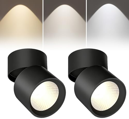 Porfoyo LED monteringsplats vridbar, 2 stycken takspottar svart taklampa, 7 W spotlights taklampa, LED-taklampa, trefärgad ljusfärg, vridbar 360° och vridbar