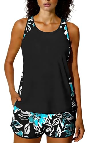 Women Padded Tankini Swimsuit with Shorts 2 Pieces Push Up Tankini Top Bra Support & Boyshorts Set Ladies Tummy Control Modest Swimwear Athletic Foral Printed Swimming Costume Bathing Suits Beachwear