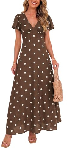 Fengbay Polka Dot Dress for Women V Neck Ruffle Sleeve Vintage Long Dress | High waist flowy A-line;Soft fabric;Multi-occasion summer wear;Easy wash care