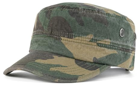 VOBOOM Washed Cotton Military Cadet Army Caps Unique Design Vintage Flat Top Hat (Green Camouflage)