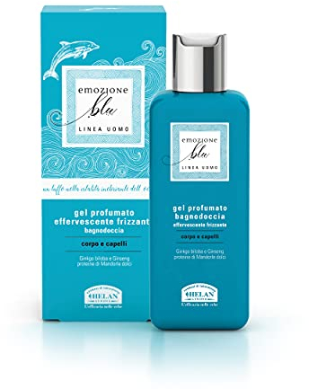 Helan, Emozione Blu, Bagnoschiuma e Shampoo Uomo e Donna, Delicato per Corpo e Capelli - Docciaschiuma Gel Tonificante e Frizzante, con Estratti di Ginseng e Mandorle Dolci, 200 ml - Made in Italy
