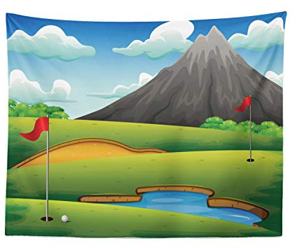 Ambesonne Golf Course Scene Tapestry, Cartoon Graphic of Hills Majestic Mountain Hole Flags Pond, Fabric Wall Hanging Decor for Bedroom Living Room Dorm, 28 X 23, Apple Green Multicolor