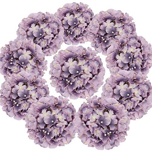 Flojery Cabezas de hortensias de Seda Artificiales con Tallos para decoración del hogar y Boda, Paquete de 10 Unidades (Morado de ensueño)