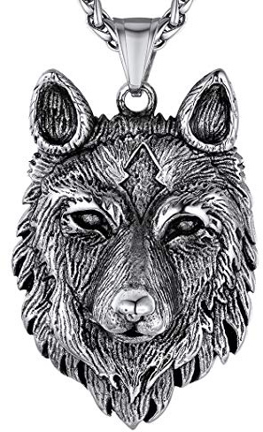 Richsteel Collar Vikingo de Acero Cabeza de Lobo para Hombres Mujeres, Collar Ajustable 55cm + 5cm