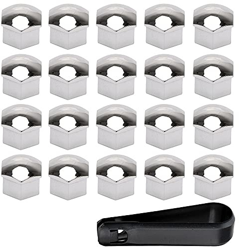 ETOPARS 20 delar 19 mm bilhjulmutterlock sexkant däck hjul bult mutterlock överdrag däckskruvlock med borttagningsverktygssats dammsäkert skydd silver