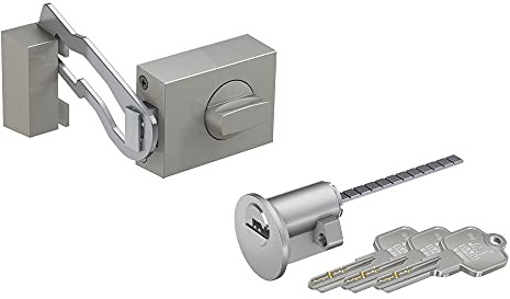 BASI Juego de cerradura adicional para puerta con barra de bloqueo y cilindro exterior, pomo giratorio, llave reversible, pestillo macizo, seguridad extra para puertas casa y apartamentos, 45 mm