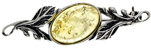 Broche clásico ovalado de ámbar báltico auténtico y plata de ley – 4022, Plata esterlina, Ámbar