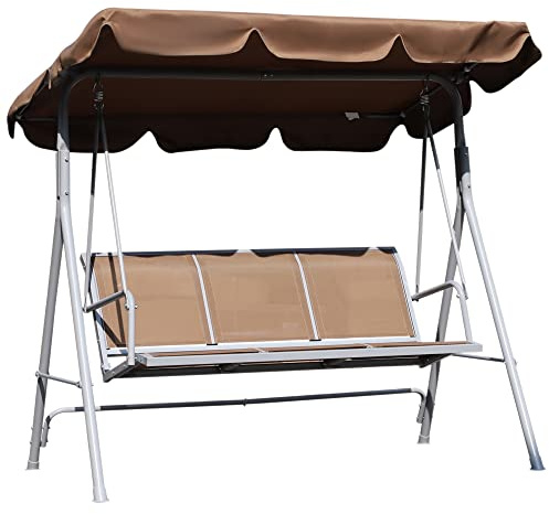 Outsunny Columpio Jardín Exterior Balancín Jardín Exterior de 3 Plazas con Toldo Ajustable Respaldo Transpirable y Marco de Metal para Terraza Balcón Carga 240 kg 171x108x150 cm Marrón