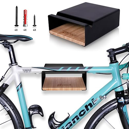pedl® Fahrrad Wandhalterung - Design Fahrrad Aufhängung Aluminium & Holz für Rennrad, Fixie, E-Bike, Mountainbike - Indoor Fahrradhalterung für Wohnung, Wohnzimmer, Garage - mit Bamboo Regal (Schwarz)