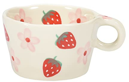 Koythin Ceramic Coffee Mug, Cute Creative Hand Printed Mug Design for Office and Home, 6.5 oz/200 ml for Latte Tea Milk (Strawberries and Flowers)