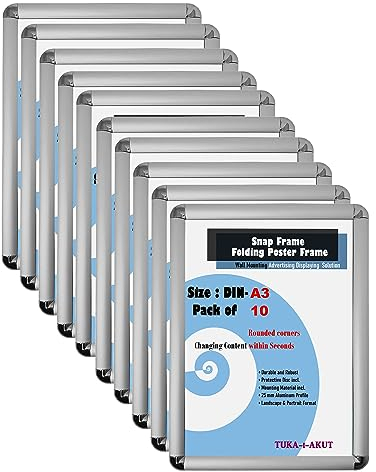 TUKA-i-AKUT 10x A3 Cadre à Clipser en Aluminium Coins Arrondis, Profilé 25 mm pour Affiche Photo Poster, Affichage avec Matériel de Fixation, Argent Couleur TKD8421-A3-10X