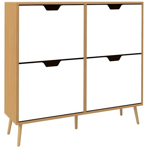 HOMCOM Zapatero Estrecho con 4 Cajones Abatibles, Zapatero Entrada Recibidor con Patas de Madera y Estantes Ajustables, para 16 Pares de Zapatos, para Pasillo, 95x26x95 cm, Blanco y Natural