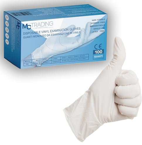 MCT INTERNATIONAL Guanti in Vinile Senza Polvere - Certificati CE, Ideali per Uso Medico, Laboratorio e Alimentare, Resistenti, Antiscivolo, Ambidestri, AQL 1.5, DPI Categoria III (XL-100PCS)