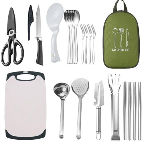 HSTWODE-21/9 Teiliges Camping Geschirr Set Edelstahl, Picknick Camping Besteck Set, Outdoor Reisebesteck aus Edelstahl mit Messer, Gabel, Löffel für Reisen, Wandern (21, Grün)