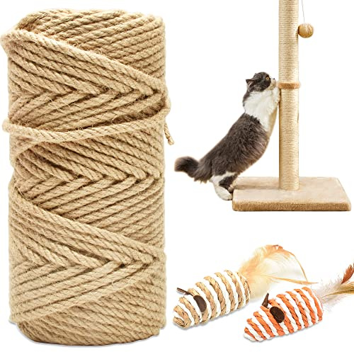 HezzLuv 164FT/50M Cat Scratching Sisal Rope, 6mm 1/4 inch Thick Natural Jute Rope for Scratch Posts, Cat Trees, DIY Projects, Sisal Rope for Cat Scratcher with 2 Cat Mouse Toys (Natural, 164ft)
