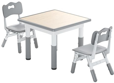 Froadp Barnbord med 2 stolar plast barnstol grupp justerbar höjd barnbord stol set barnmöbler multifunktionell sittgrupp för pojkar och flickor i åldern 2–10 år, 60 x 60 cm
