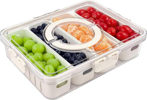 JNYLYFC Divided Serving Tray with Lid & Handle, Snack Box with 4 Compartments, Snack Tray, Food Storage Container for Travel, Party & Picnic, Clear Organizer for Veggie, Candy, Fruit, Nut