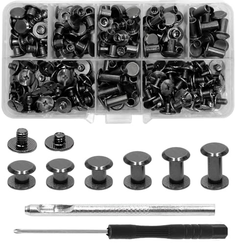 GOIYZTTR 110 Set di Chicago Viti, Kit di Rivetti a Vite M5*4/5/6/8/10/12 mm Rivetti in Pelle con Punzone e Kit Cacciavite per Fai da te in Pelle Artigianale