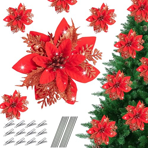 Fleurs de Noël pour Sapin, 12 Pièces Fleurs Artificielles Glitter de Noel à paillettes avec Tiges Clips,14cm Fleur Poinsettia de Scintillantes, pour Guirlande, Couronne, Noce Décoration, Rouge