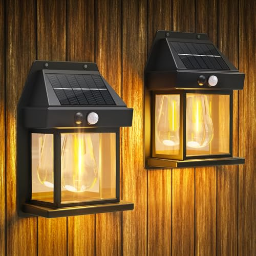 Flacchi Solar Lights Outdoor Wall Lights with Motion Sensor 2 Pack | Waterproof Solar Wall Lights 3 Lighting Mode for Gardens, Courtyards, and Porches(Warm White)
