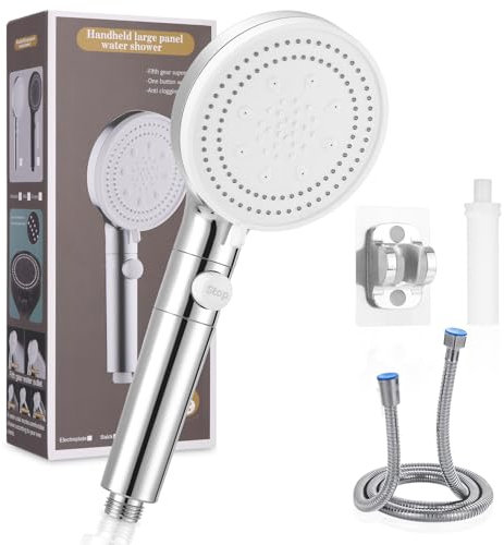 Pommeau de Douche Anti Calcaire, Pommeau de Douche Filtrant, Pommeau de Douche Haute Pression avec 1,5m Tuyau de Douche y Support, 6 Types de Pulvérisation, Douchette Douche Salle de Bain, Argent