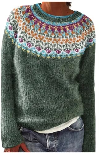 Générique Pull Norvégien Femme en Laine Grande Taille Pulls Femme Sweatshirts Sweat sans Capuche Et Elegant Pullover Jacquard Pull Islandais Hiver Chaud Col Rond Noël Sweater