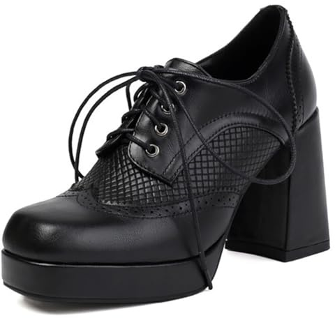 Qynthra Décolleté Oxford Donna Lacci Brogues Fibra Ultra Punta Quadra Tacco Largo con Plateau 2CM retrò Tacchi Alti per Ufficio Casual Feste Primavera Autunno,Nero,41 EU