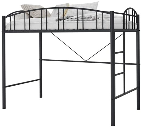 FinerFurnis Loft Bed Twin Size,Heavy Duty Metal Loft Bed with Arched Guardrail & Safety Ladder,Space Saving Modern Design, No Box Spring Needed,Black
