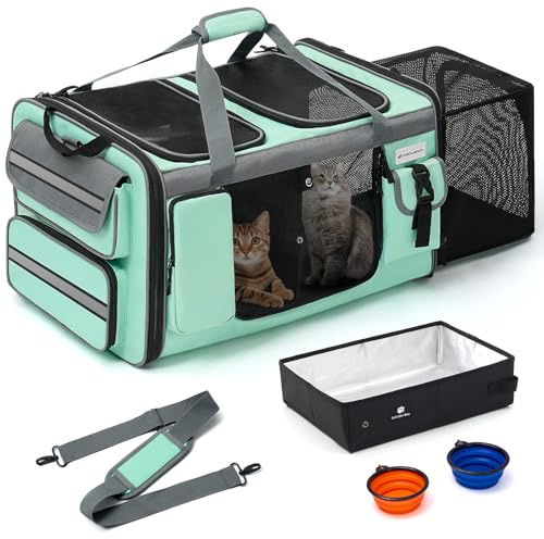 Odoland Transportín para 2 gatos – Bolsa de transporte plegable extensible para gatos grandes, transpirable, con correa para el hombro y caja de arena, ideal para viajes, coche, color verde