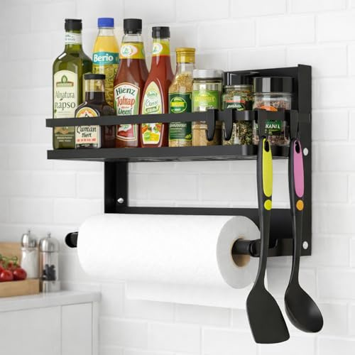 Zenquira Mensole Cucina da Parete porta, Spezie da Appendere Cucina con Porta Rotolo e 4 Gancio, Mensola Salvaspazio Senza Forare per Corridoio, Bagno o Cucina,30×11×21cm