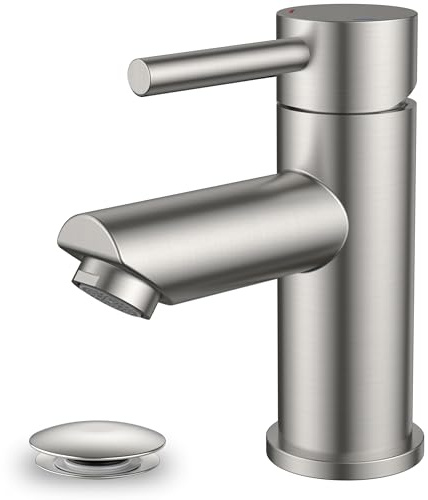 FORIOUS Basin Mixer Tap, Bathroom Sink Tap Single Lever Stainless Steel Single Hole with 70 mm Spout Height, Slotted Pop Up Waste and G1/2 Hoses