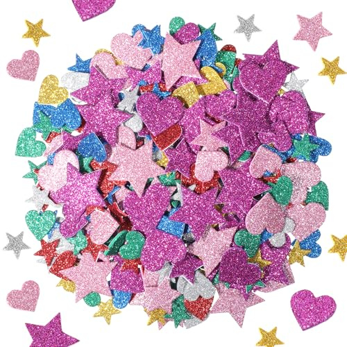 HJZHII 480pcs Foam Stickers for Children,Glitter Foam Sticker Self Adhesive | Colourful Glitter Heart Sticker Mini Star Sticker for Arts Crafts DIY Supplies Valentine's Day Christmas Decorations