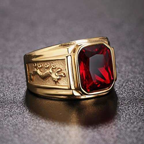 Kreativ design Fyrkant Svart Röd Sten Män's Ring Punk Retro Guld Färg Dubbel Drake Rostfritt Stål Ringar Amulett Smycken Gåva