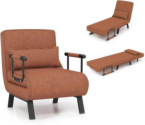 RELAX4LIFE 4 en 1 Sillón Relax Reclinable en 6 Posiciones 0-85°, Sofá Cama Plegable con Patas Ocultas y Cojín, Sillón Cama de 1 Plaza para Salón, Dormitorio y Oficina, Carga 150kg (Café)