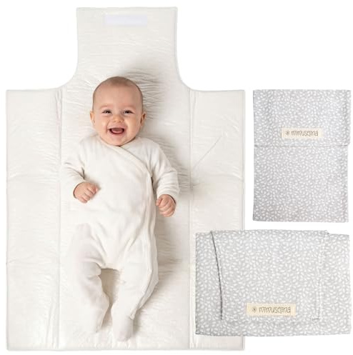 MIMUSELINA Pack de Cambiador Bebe Portatil Impermeable y Bolsa Pañales | Cambiador Bebe Plegable y Ligero para Paseo | Exterior 100% Algodón | Ideal como Regalo Recien Nacido | Hecho en España