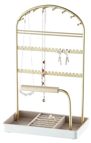Saydear Multi-Functional Jewelry Holder Organizer Necklace Display Stand Velvet Lined Bar for Rings 2 Tier with 18 Hooks, 32 Earring Holes - Sturdy and Durable, Easy Organization White & Gold