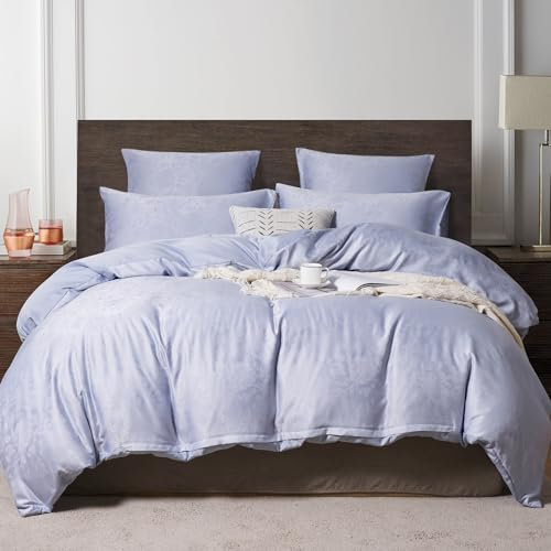 YASMENG Ropa de cama de satén de 135 x 200 cm, azul, azul claro, floral, jacquard, ropa de cama, satén, brillante, deluxe de seda sedosa, 2 piezas con cremallera y