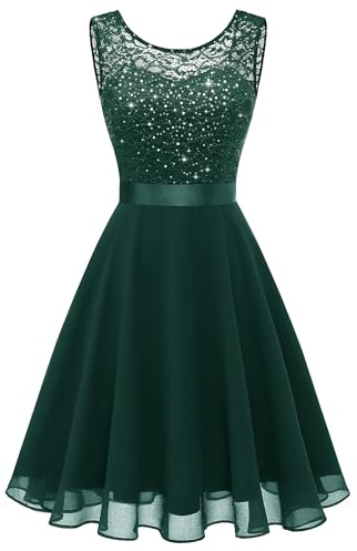 Berylove Women's Dark Green XL Wedding Dress - Chiffon Lace Cocktail Dress with Glitter, Sleeveless, V-Neck, High-Low Hemline